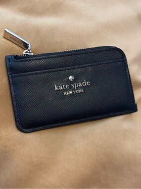 kate spade Black Leather Zip Card Case with Gold Hardware